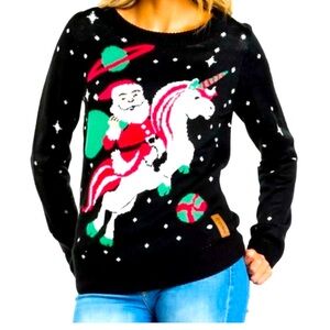 Like New! Tipsy Elves women’s size L holiday sweater, Santa riding unicorn!